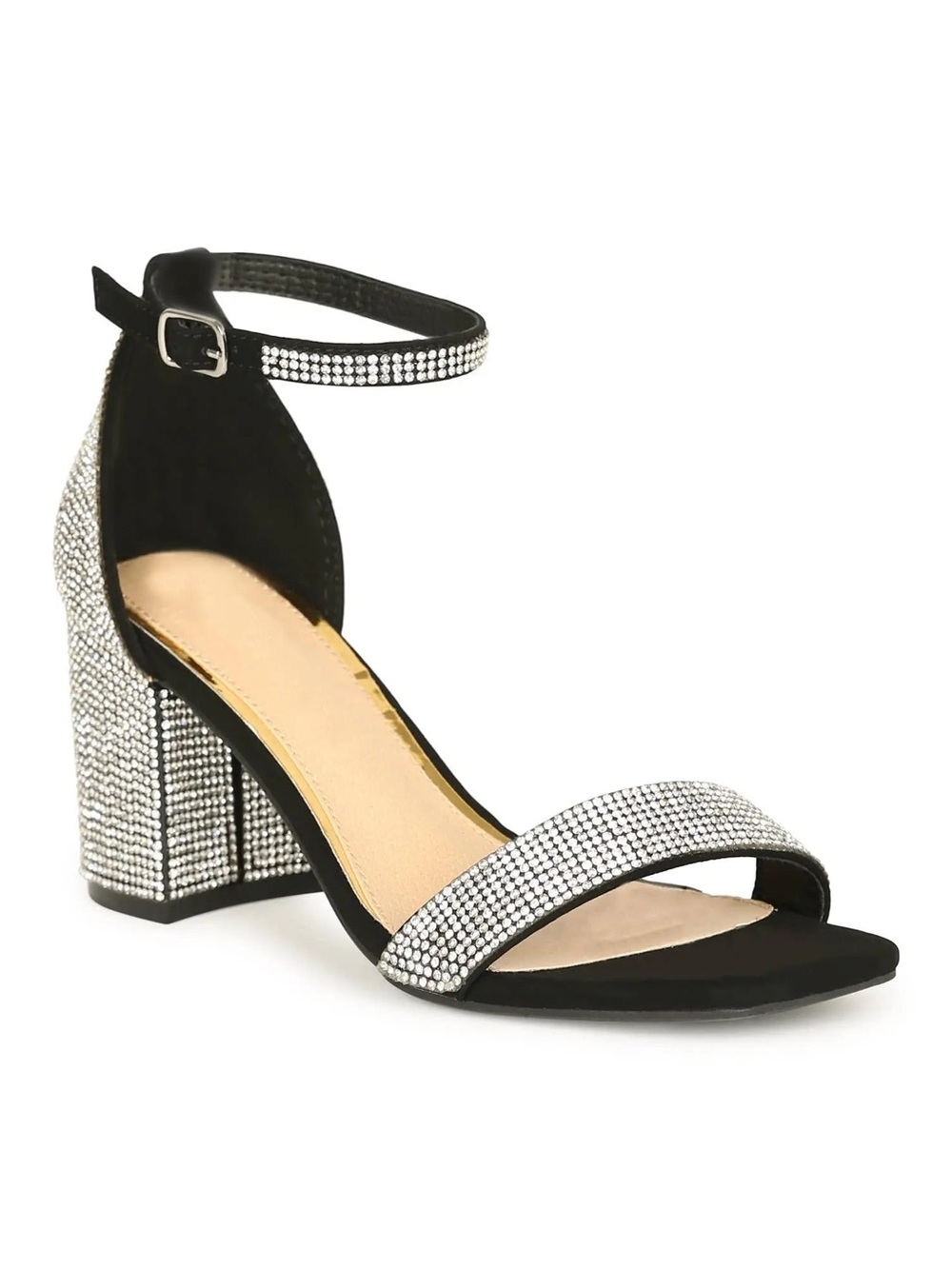 Cathy Din Black Dazzled Open Toe Ankle Sparkly Strappy Chunky Heels
